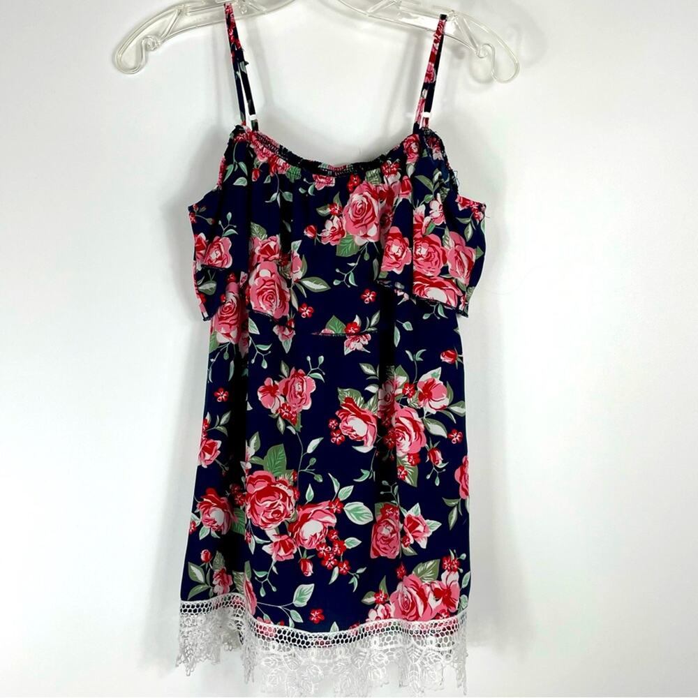 No Boundaries Junior Women's Large Blouse Blue Floral Lace Off Shoulder